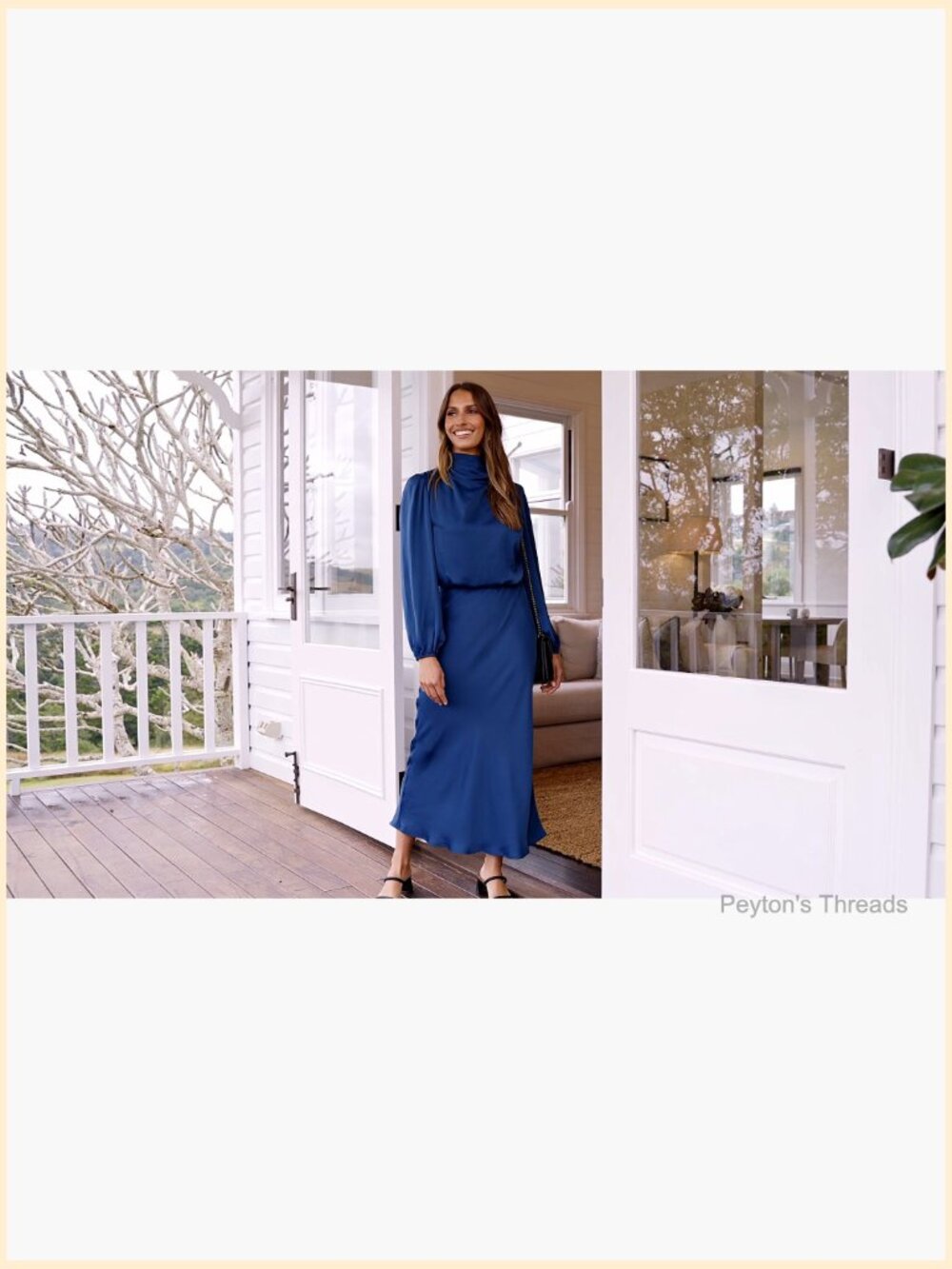 Long Sleeve Mock Neck Satin Maxi Dress Formal Party - Picture 7 of 7